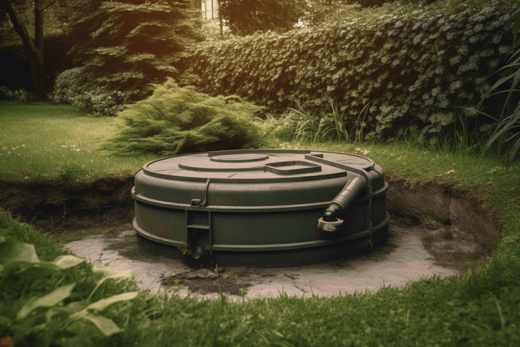 a well-maintained septic tank, surrounded by lush greenery